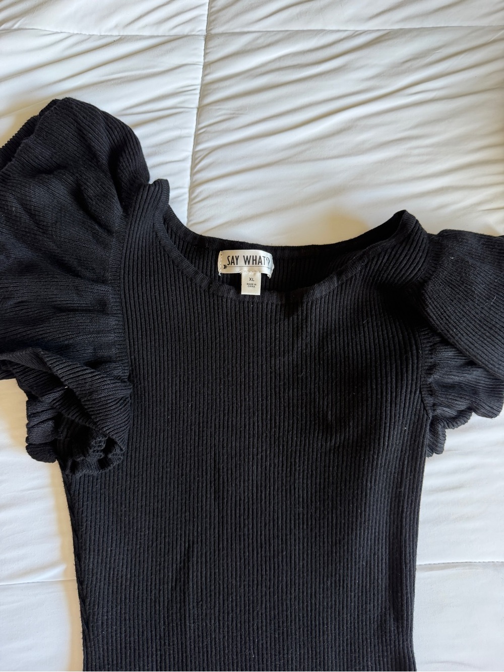 Say What? Black Ribbed Puff Sleeve Short Sleeve Top